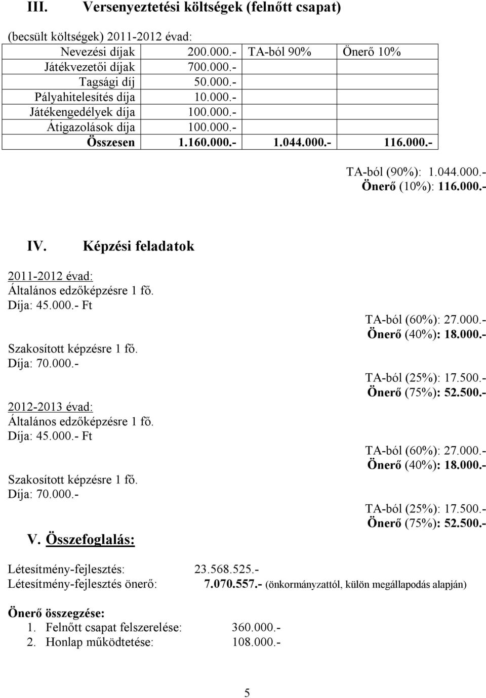 Képzési feladatok 2011-2012 évad: Általános edzőképzésre 1 fő. Díja: 45.000.- Ft Szakosított képzésre 1 fő. Díja: 70.000.- 2012-2013 évad: Általános edzőképzésre 1 fő. Díja: 45.000.- Ft Szakosított képzésre 1 fő. Díja: 70.000.- V.