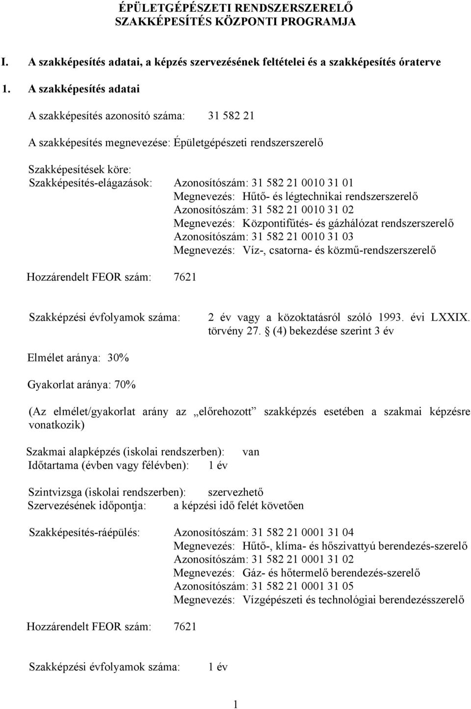 0010 31 01 Megnevezés: Hűtő- és légtechnikai rendszerszerelő Azonosítószám: 31 582 21 0010 31 02 Megnevezés: Központifűtés- és gázhálózat rendszerszerelő Azonosítószám: 31 582 21 0010 31 03