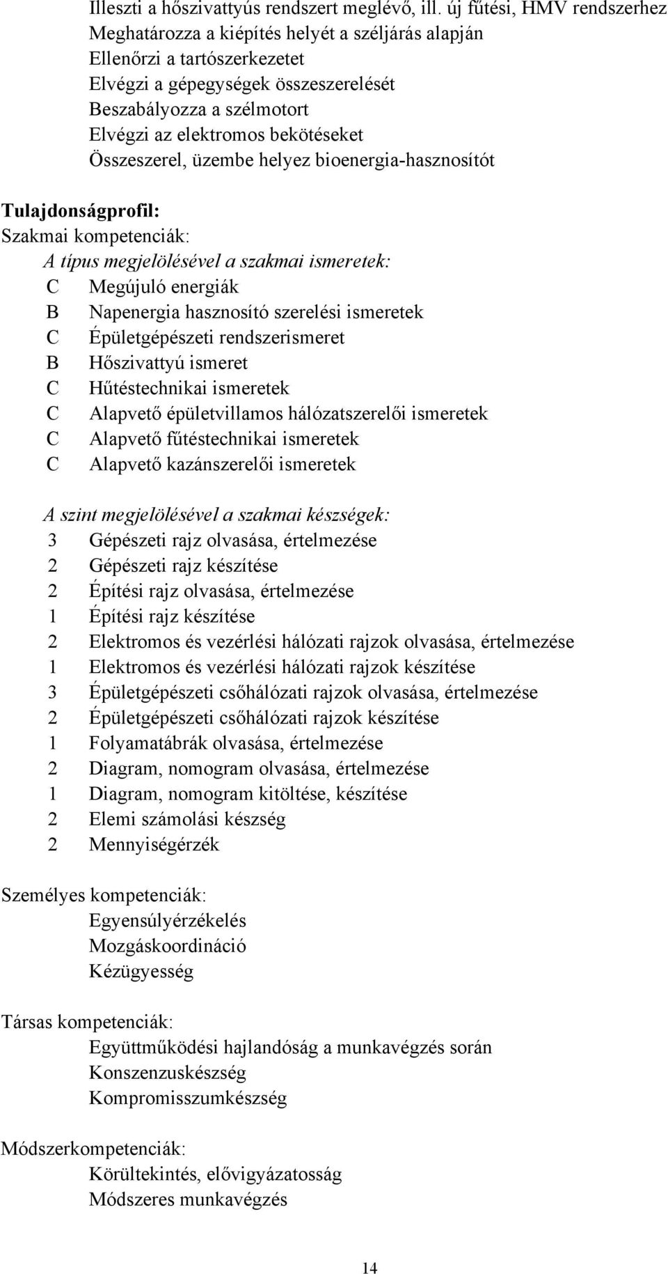 bekötéseket Összeszerel, üzembe helyez bioenergia-hasznosítót Tulajdonságprofil: Szakmai kompetenciák: A típus megjelölésével a szakmai ismeretek: C Megújuló energiák B Napenergia hasznosító