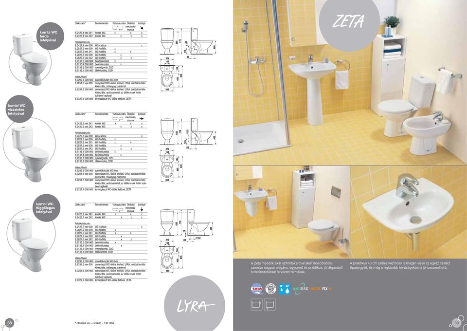 9299.9 000 000 szerelőkészlet WC-hez 8.9251.5 xxx 000 duroplaszt WC-ülőke tetővel, LYRA, antibakteriális kikészítés, műanyag zsanérral 8.9251.5 300 063 duroplaszt WC-ülőke tetővel, LYRA, antibakteriális kikészítés, acélzsanérral, az ülőke csak fehér színben kapható 8.