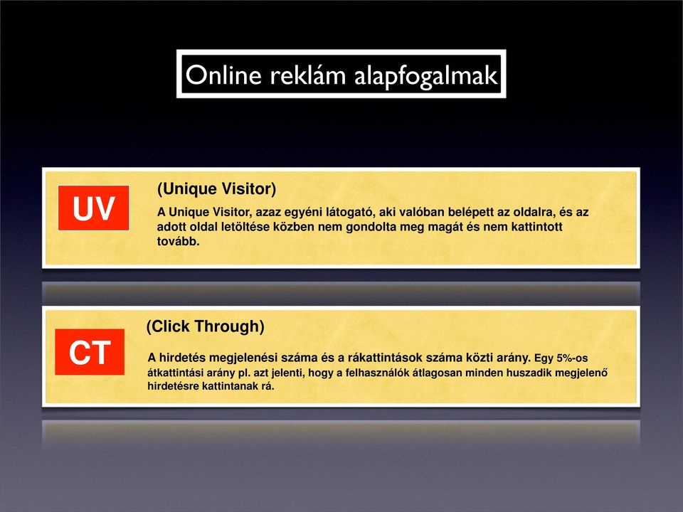 (Click Through) CT A hirdetés megjelenési száma és a rákattintások száma közti arány.
