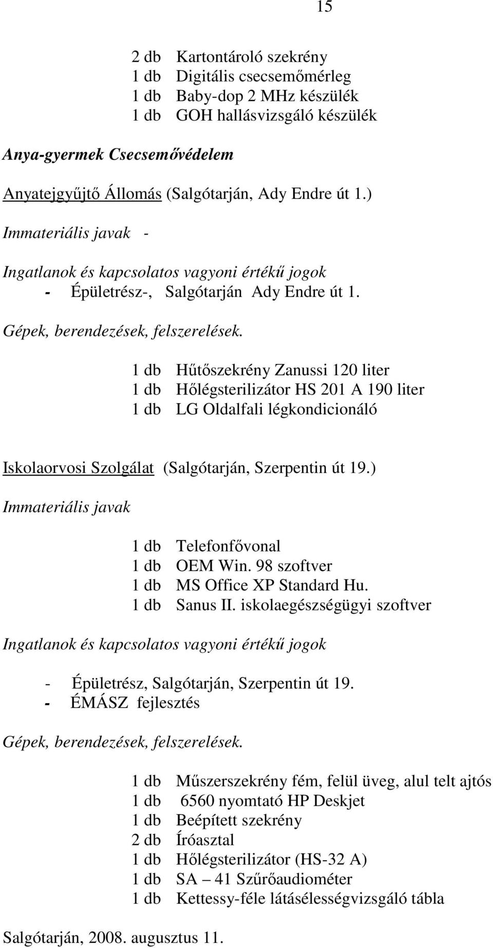 . 1 db Hőtıszekrény Zanussi 120 liter 1 db Hılégsterilizátor HS 201 A 190 liter 1 db LG Oldalfali légkondicionáló Iskolaorvosi Szolgálat (Salgótarján, Szerpentin út 19.