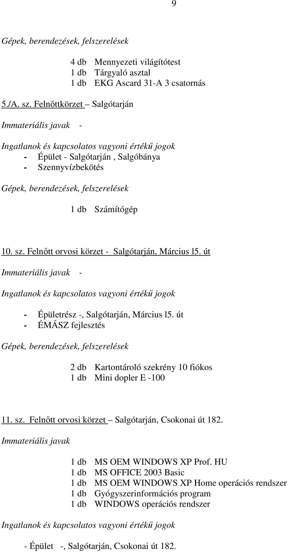 Szennyvízbekötés 1 db Számítógép 10. sz. Felnıtt orvosi körzet - Salgótarján, Március l5. út - - Épületrész -, Salgótarján, Március l5.