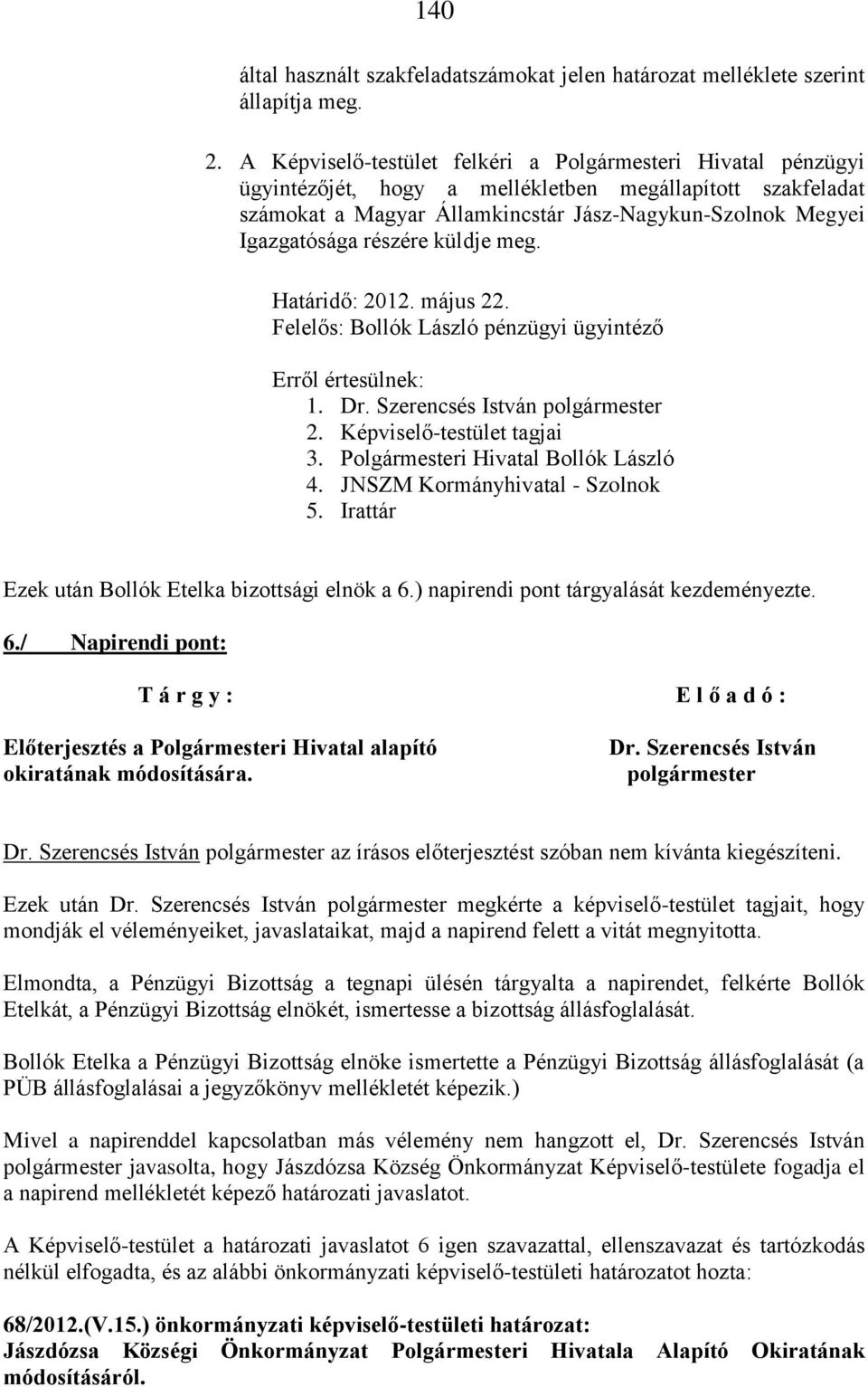 részére küldje meg. Határidő: 2012. május 22. Felelős: Bollók László pénzügyi ügyintéző 1. Dr. Szerencsés István 2. Képviselő-testület tagjai 3. Polgármesteri Hivatal Bollók László 4.