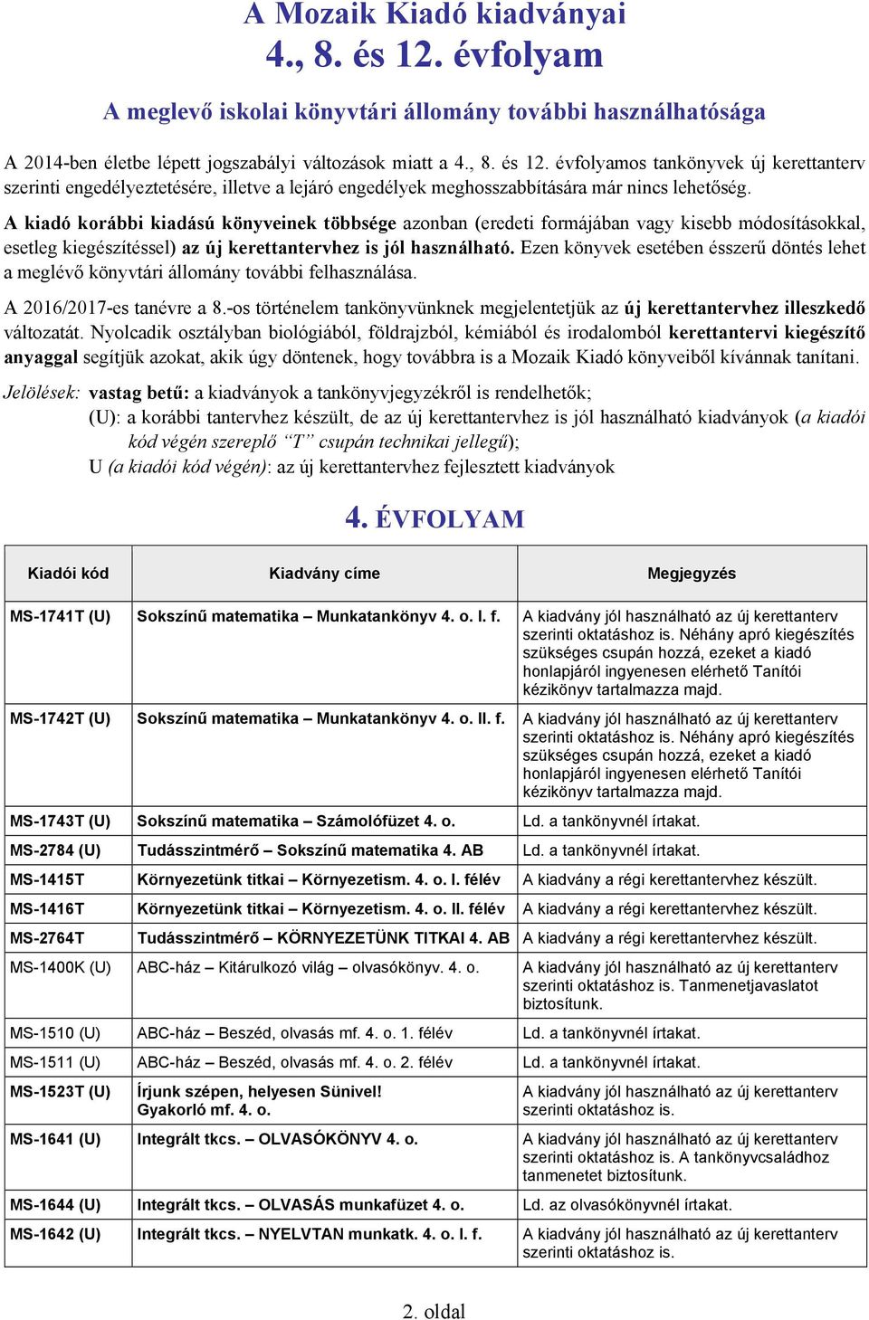 Ezen könyvek esetében ésszerű döntés lehet a meglévő könyvtári állomány további felhasználása. A 2016/2017-es tanévre a 8.