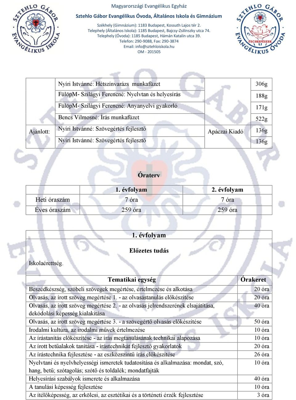 évfolyam Heti óraszám 7 óra 7 óra Éves óraszám 259 óra 259 óra Iskolaérettség. 1.