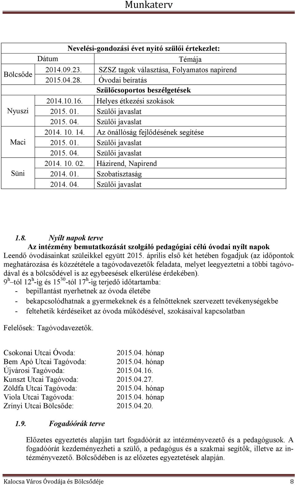 Házirend, Napirend 2014. 01. Szobatisztaság 2014. 04. Szülői javaslat 1.8.