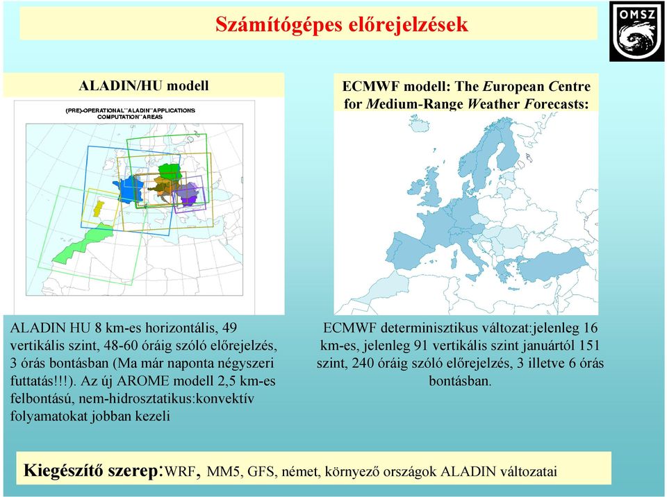 Az új AROME modell 2,5 km-es felbontású, nem-hidrosztatikus:konvektív folyamatokat jobban kezeli ECMWF determinisztikus változat:jelenleg 16