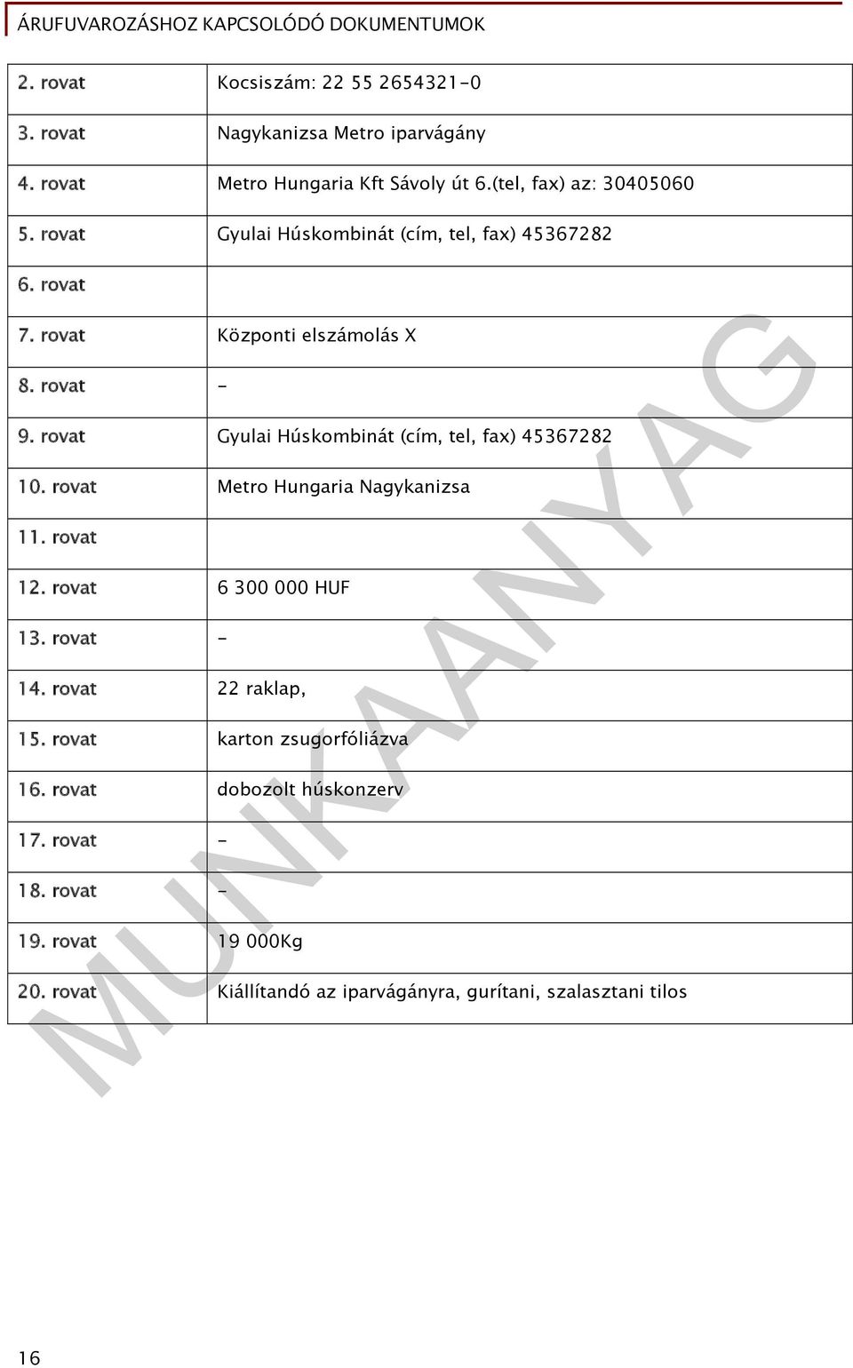 rovat Gyulai Húskombinát (cím, tel, fax) 45367282 10. rovat Metro Hungaria Nagykanizsa 11. rovat 12. rovat 6 300 000 HUF 13. rovat - 14.