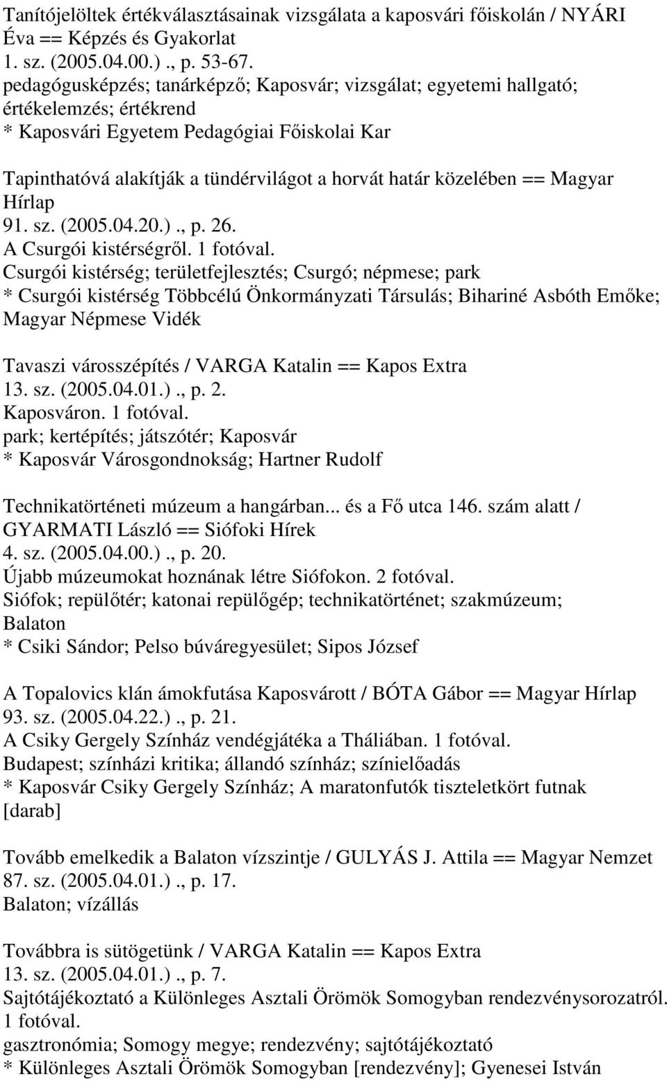 közelében == Magyar Hírlap 91. sz. (2005.04.20.)., p. 26. A Csurgói kistérségről. 1 fotóval.