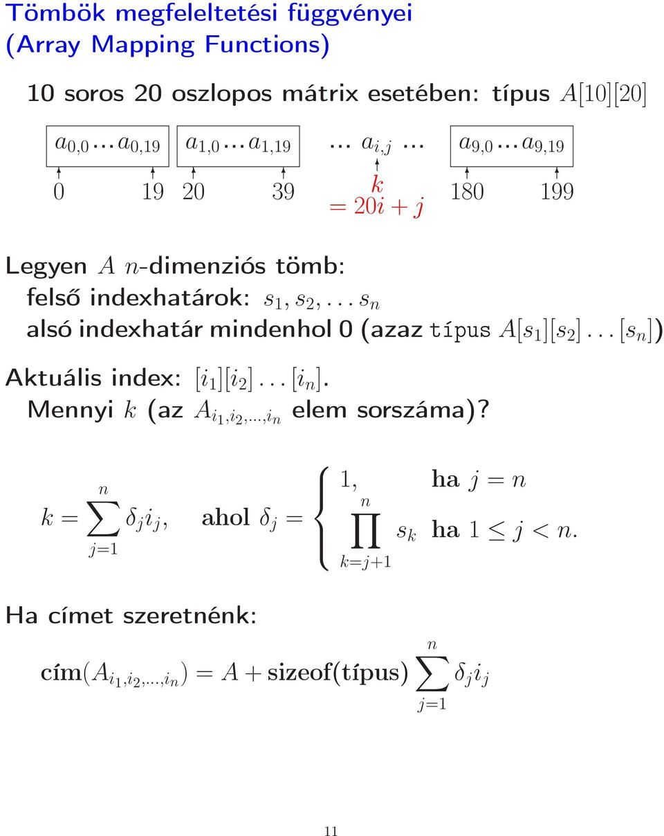 .. s n alsó indexhatár mindenhol 0 (azaztípus A[s 1 ][s 2 ]... [s n ]) Aktuális index: [i 1 ][i 2 ]... [i n ]. Mennyi k (az A i1,i 2,.