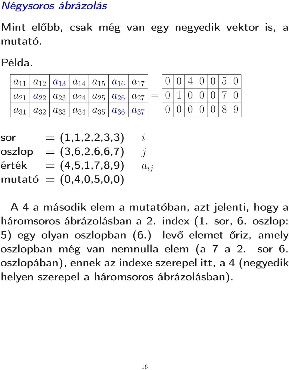 (1,1,2,2,3,3) i oszlop = (3,6,2,6,6,7) j érték = (4,5,1,7,8,9) a ij mutató = (0,4,0,5,0,0) A 4 a második elem a mutatóban, azt jelenti, hogy a háromsoros