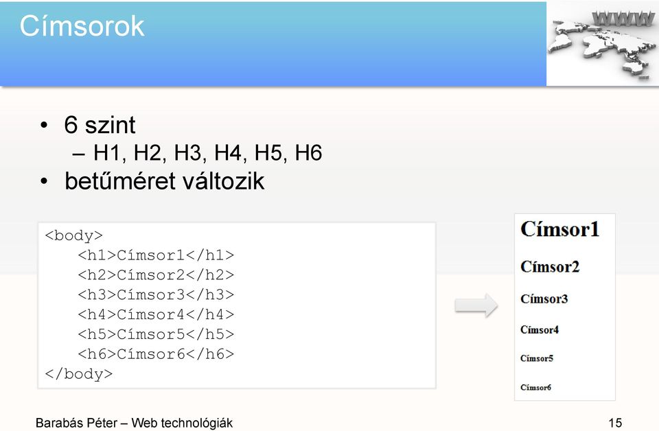 <h3>címsor3</h3> <h4>címsor4</h4> <h5>címsor5</h5>