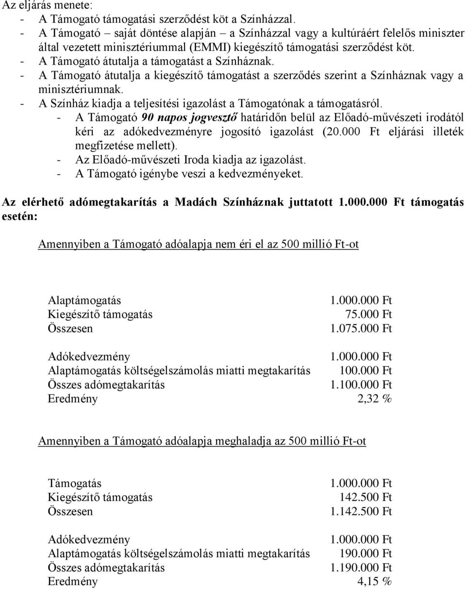 - A Támogató átutalja a támogatást a Színháznak. - A Támogató átutalja a kiegészítő támogatást a szerződés szerint a Színháznak vagy a minisztériumnak.