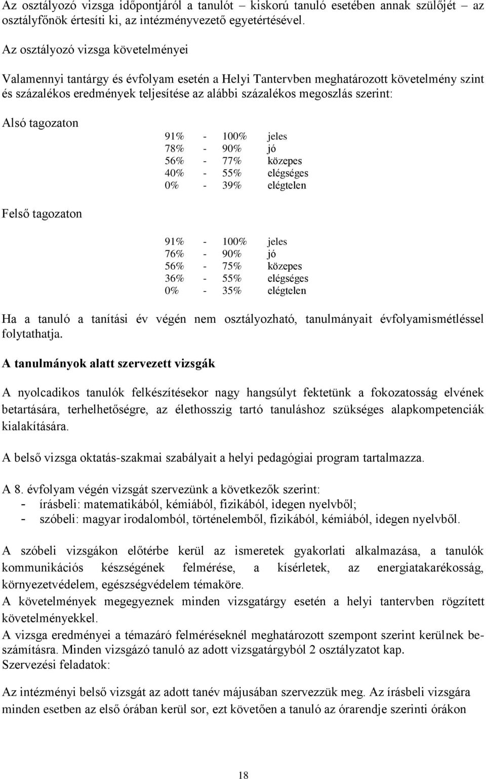 szerint: Alsó tagozaton 91% - 100% jeles 78% - 90% jó 56% - 77% közepes 40% - 55% elégséges 0% - 39% elégtelen Felső tagozaton 91% - 100% jeles 76% - 90% jó 56% - 75% közepes 36% - 55% elégséges 0% -
