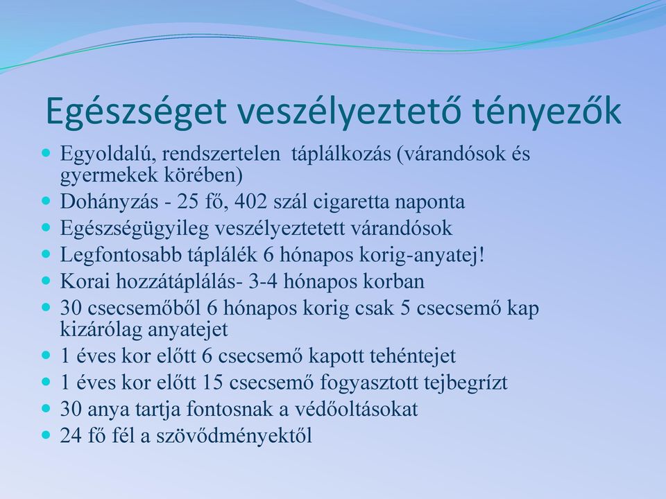 Korai hozzátáplálás- 3-4 hónapos korban 30 csecsemőből 6 hónapos korig csak 5 csecsemő kap kizárólag anyatejet 1 éves kor előtt 6