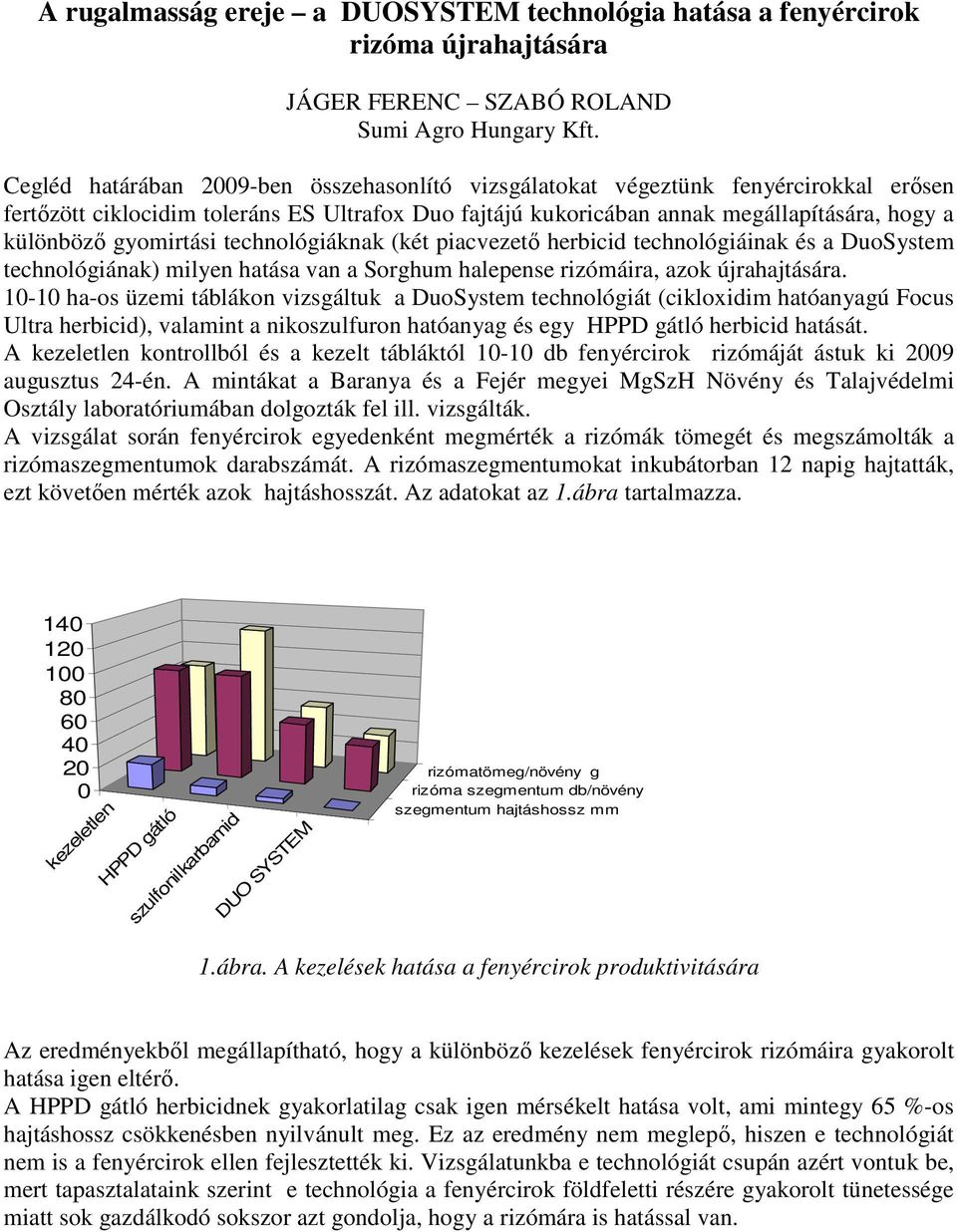 gyomirtási technológiáknak (két piacvezető herbicid technológiáinak és a DuoSystem technológiának) milyen hatása van a Sorghum halepense rizómáira, azok újrahajtására.