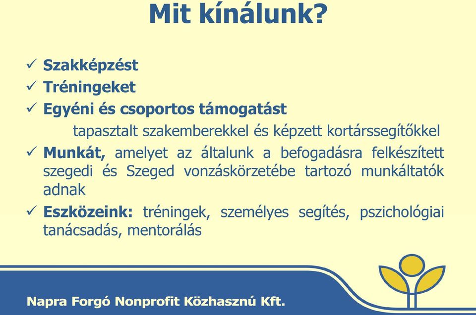 szakemberekkel és képzett kortárssegítőkkel Munkát, amelyet az általunk a