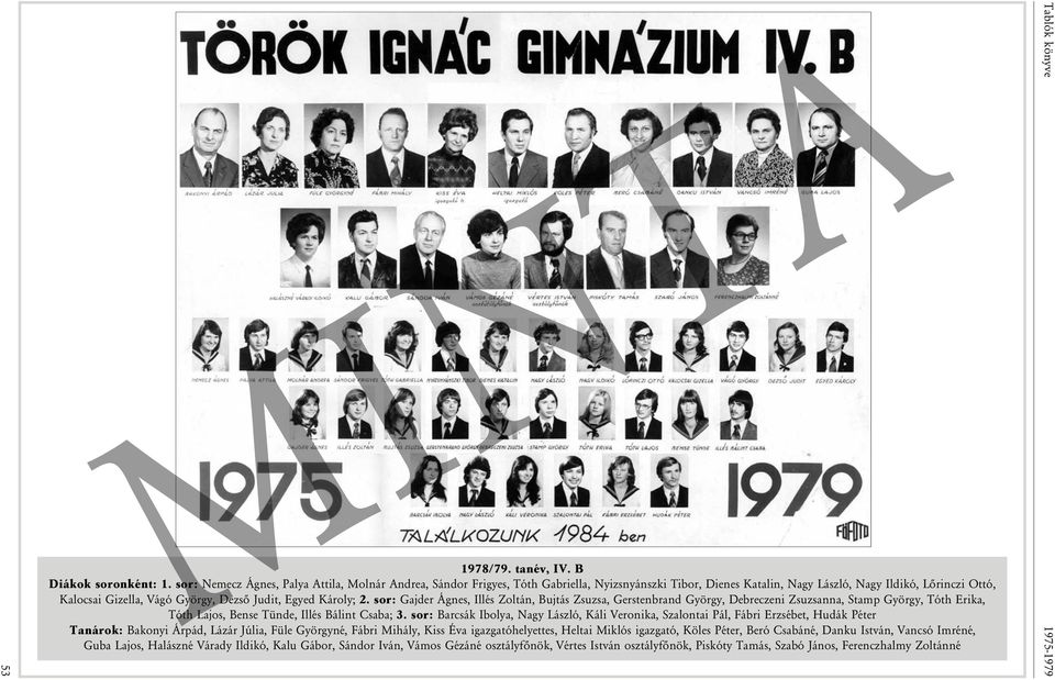 Judit, Egyed Károly; 2. sor: Gajder Ágnes, Illés Zoltán, Bujtás Zsuzsa, Gerstenbrand György, Debreczeni Zsuzsanna, Stamp György, Tóth Erika, Tóth Lajos, Bense Tünde, Illés Bálint Csaba; 3.