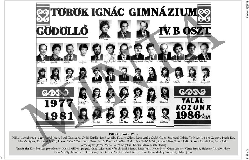 sor: Hazafi Éva, Berta Judit, Kerek Ágnes, Jósvai Mária, Kasza Angelika, Kocsis Ildikó, Jakab Hedvig Tanárok: Kiss Éva igazgatóhelyettes, Heltai Miklós igazgató, Guba Lajos osztályfőnök,
