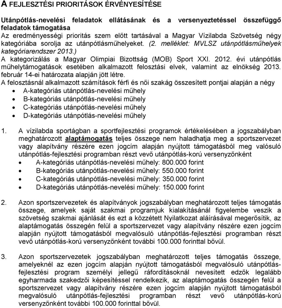 2012. évi utánpótlás műhelytámogatások esetében alkalmazott felosztási elvek, valamint az elnökség 2013. február 14-ei határozata alapján jött létre.