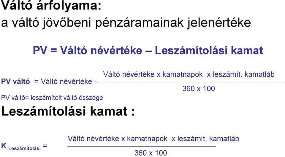 kamatláb PV váltó = Váltó névértéke - 360 x 100 PV váltó= leszámítolt váltó