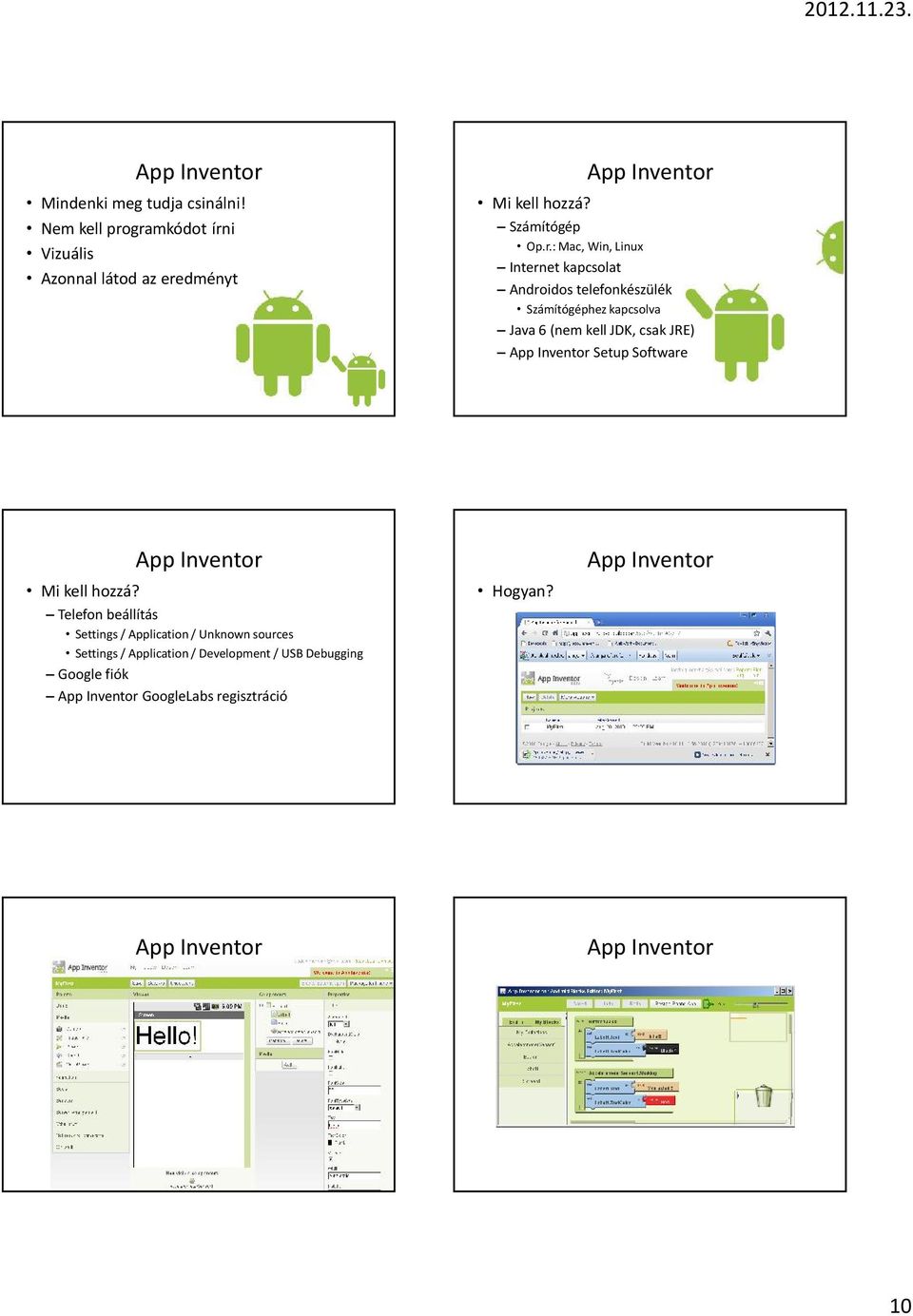 : Mac, Win, Linux Internet kapcsolat Androidos telefonkészülék Számítógéphez kapcsolva Java 6 (nem kell JDK, csak JRE) App Inventor