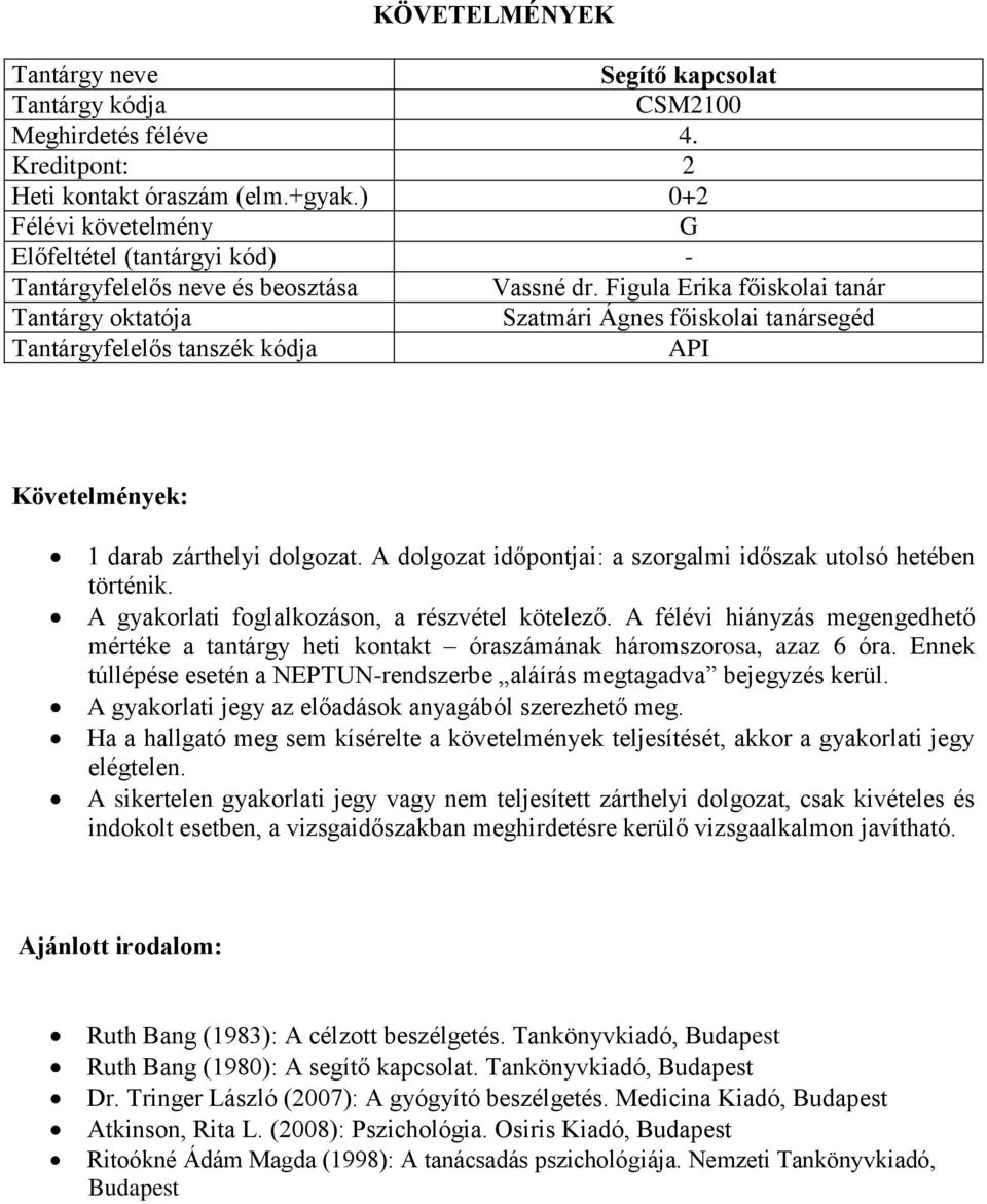 A félévi hiányzás megengedhető mértéke a tantárgy heti kontakt óraszámának háromszorosa, azaz 6 óra. Ennek túllépése esetén a NEPTUN-rendszerbe aláírás megtagadva bejegyzés kerül.