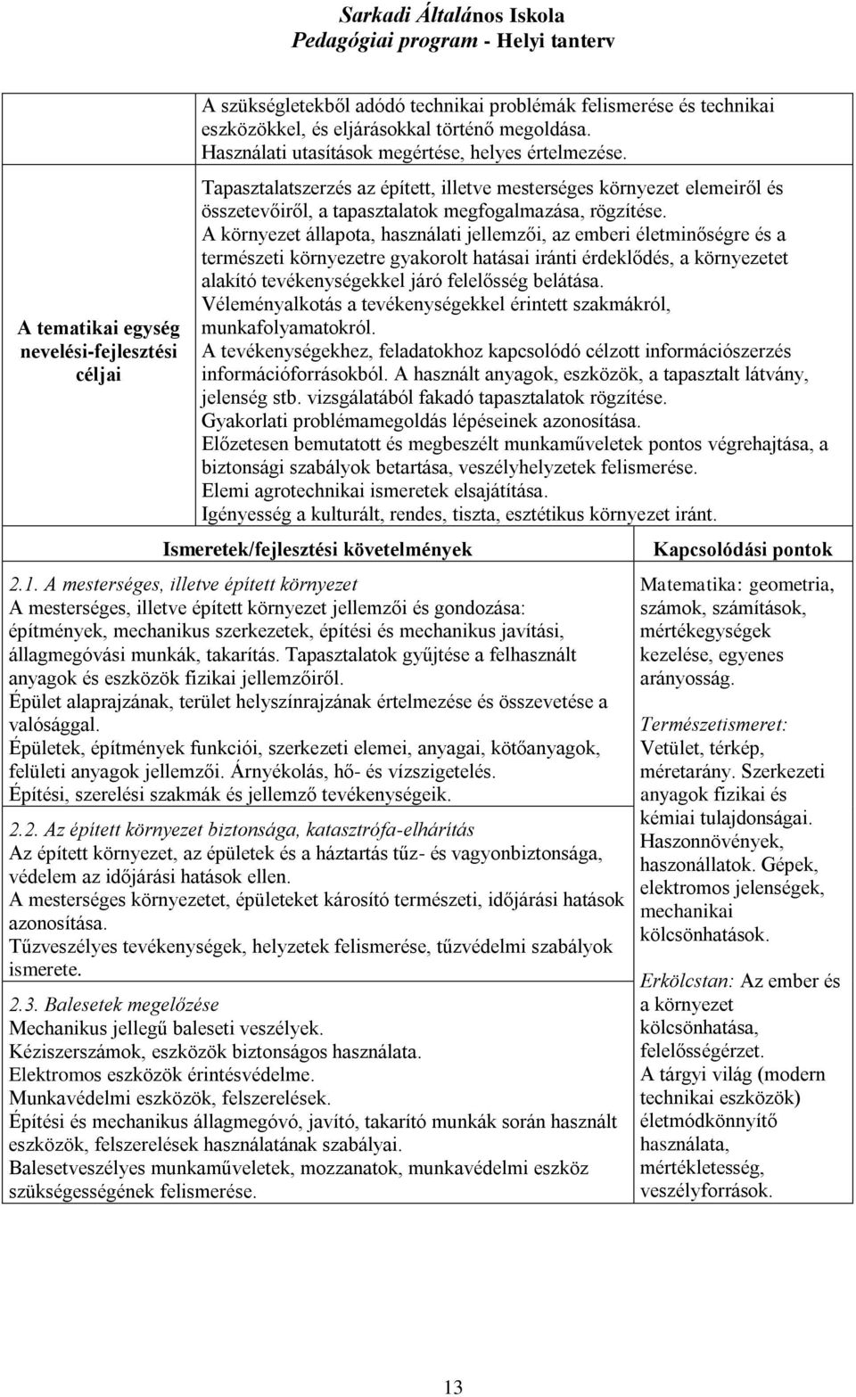 A környezet állapota, használati jellemzői, az emberi életminőségre és a természeti környezetre gyakorolt hatásai iránti érdeklődés, a környezetet alakító tevékenységekkel járó felelősség belátása.
