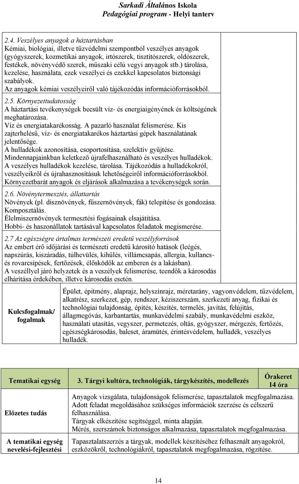 Az anyagok kémiai veszélyeiről való tájékozódás információforrásokból. 2.5. Környezettudatosság A háztartási tevékenységek becsült víz- és energiaigényének és költségének meghatározása.