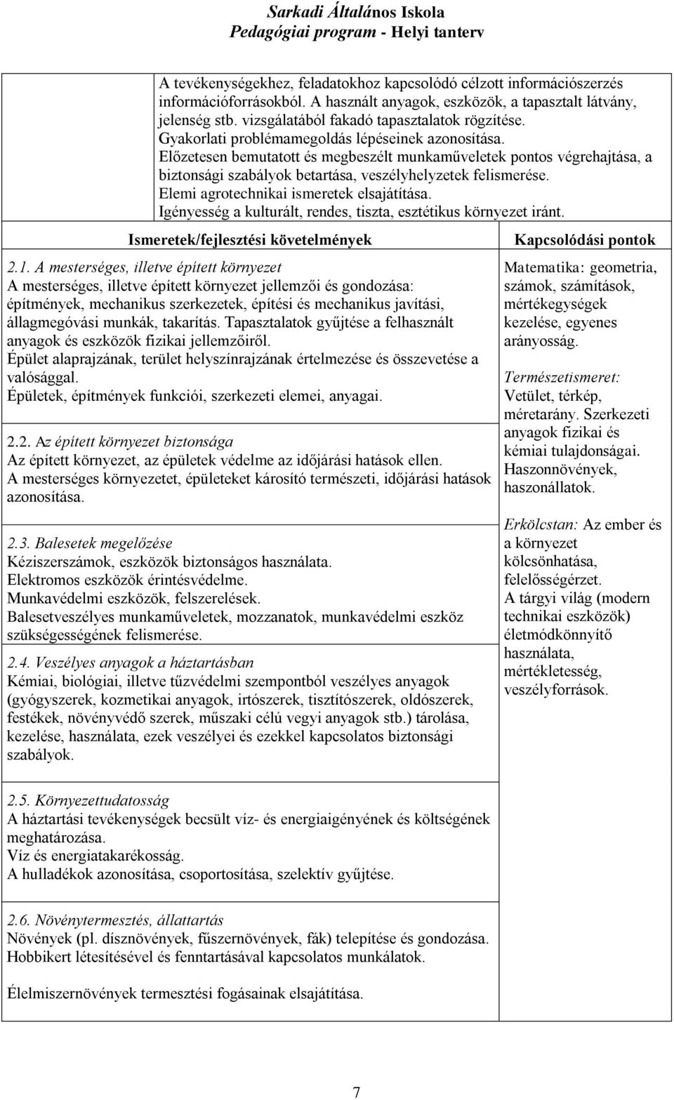 Előzetesen bemutatott és megbeszélt munkaműveletek pontos végrehajtása, a biztonsági szabályok betartása, veszélyhelyzetek felismerése. Elemi agrotechnikai ismeretek elsajátítása.