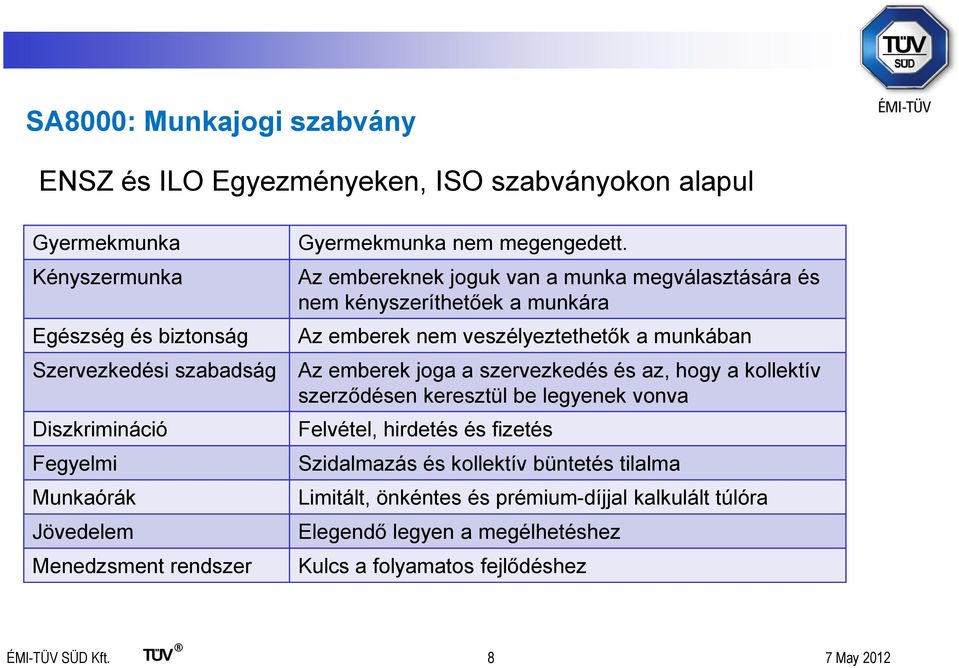 Az embereknek joguk van a munka megválasztására és nem kényszeríthetőek a munkára Az emberek nem veszélyeztethetők a munkában Az emberek joga a szervezkedés és az, hogy a