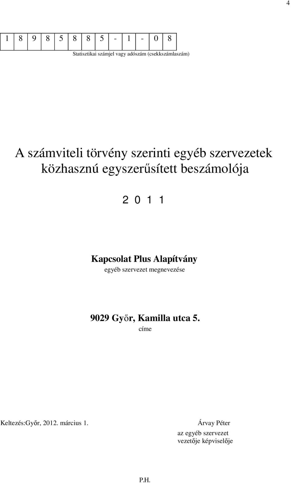 1 1 Kapcsolat Plus Alapítvány egyéb szervezet megnevezése 9029 Gyır, Kamilla utca 5.