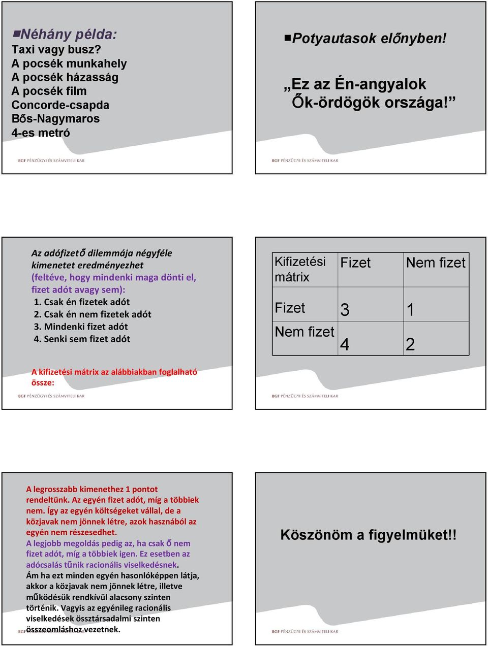 Senki sem fizet adót Kifizetési mátrix Fizet Fizet 3 1 Nem fizet 4 2 Nem fizet A kifizetési mátrix az alábbiakban foglalható össze: A legrosszabb kimenethez 1 pontot rendeltünk.