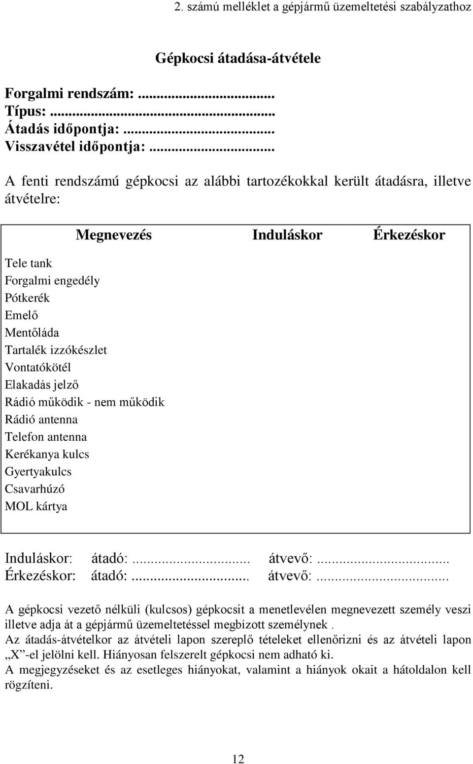 Vontatókötél Elakadás jelző Rádió működik - nem működik Rádió antenna Telefon antenna Kerékanya kulcs Gyertyakulcs Csavarhúzó MOL kártya Induláskor: átadó:... átvevő:.