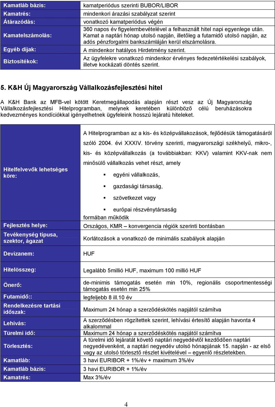 K&H Új Magyarország Vállalkozásfejlesztési hitel A K&H Bank az MFB-vel kötött Keretmegállapodás alapján részt vesz az Új Magyarország Vállalkozásfejlesztési Hitelprogramban, melynek keretében