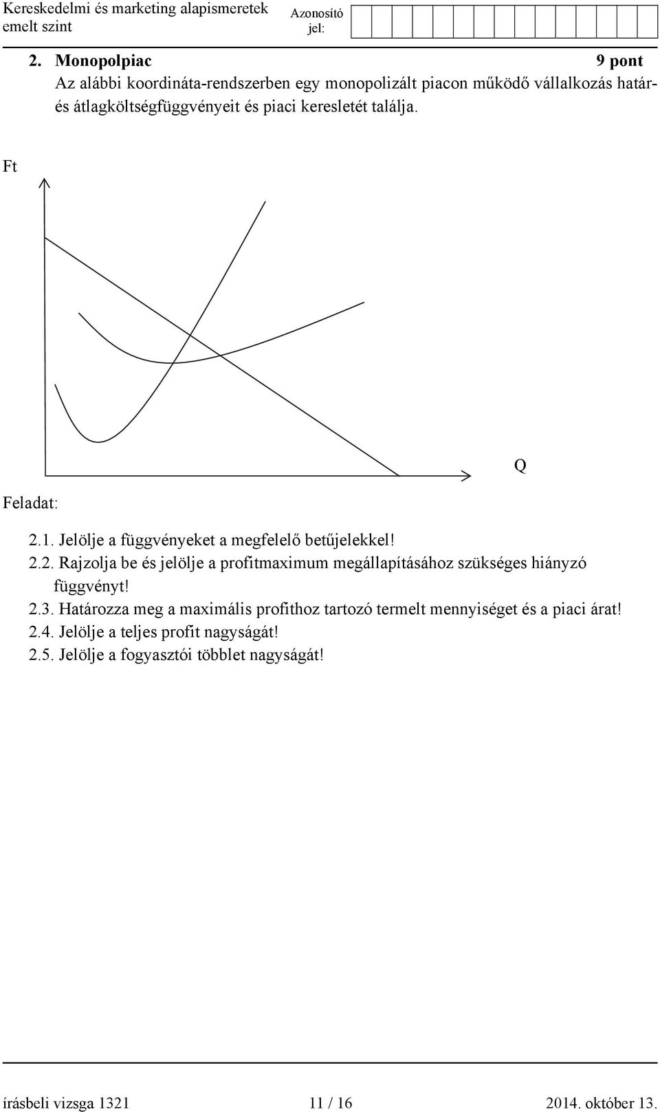 2.3. Határozza meg a maximális profithoz tartozó termelt mennyiséget és a piaci árat! 2.4. Jelölje a teljes profit nagyságát! 2.5.