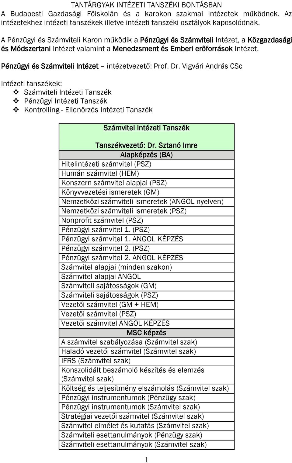 Pénzügyi és Számviteli Intézet intézetvezető: Prof. Dr.