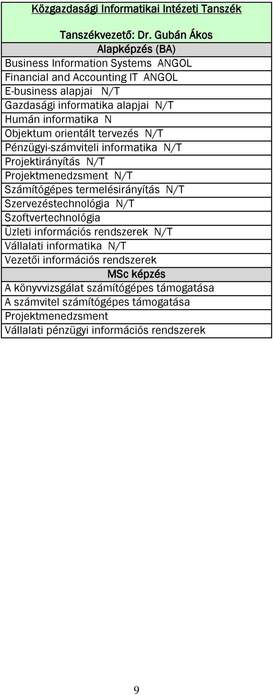 Objektum orientált tervezés N/T Pénzügyi-számviteli informatika N/T Projektirányítás N/T Projektmenedzsment N/T Számítógépes termelésirányítás N/T