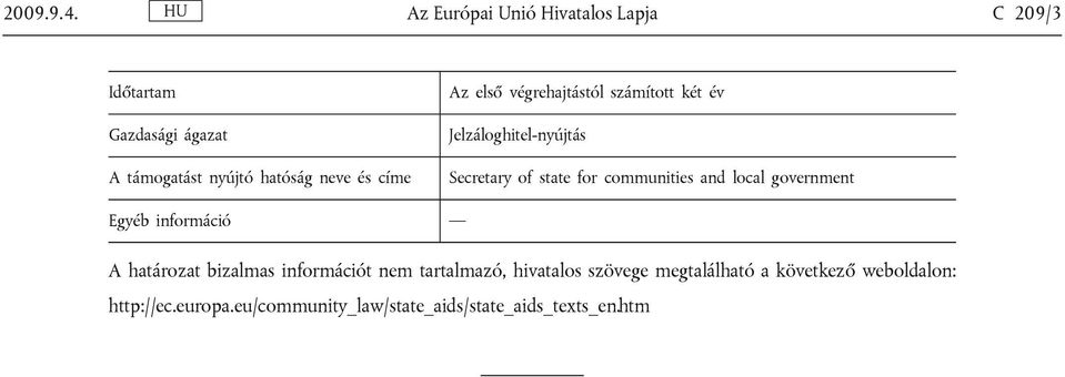 címe Az első végrehajtástól számított két év Jelzáloghitel-nyújtás Secretary of state for communities and