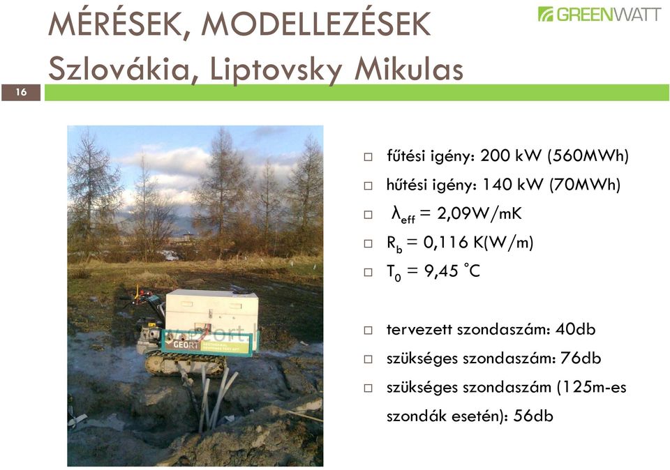 2,09W/mK R b = 0,116 K(W/m) T 0 = 9,45 C tervezett szondaszám: