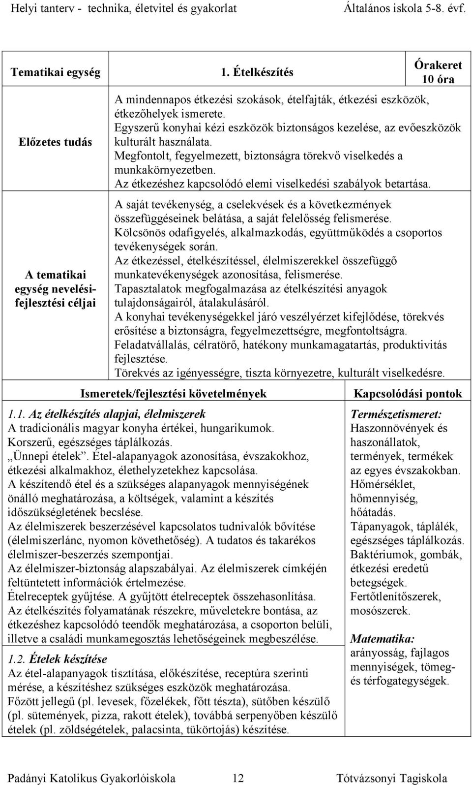 Az étkezéshez kapcsolódó elemi viselkedési szabályok betartása. A saját tevékenység, a cselekvések és a következmények összefüggéseinek belátása, a saját felelősség felismerése.