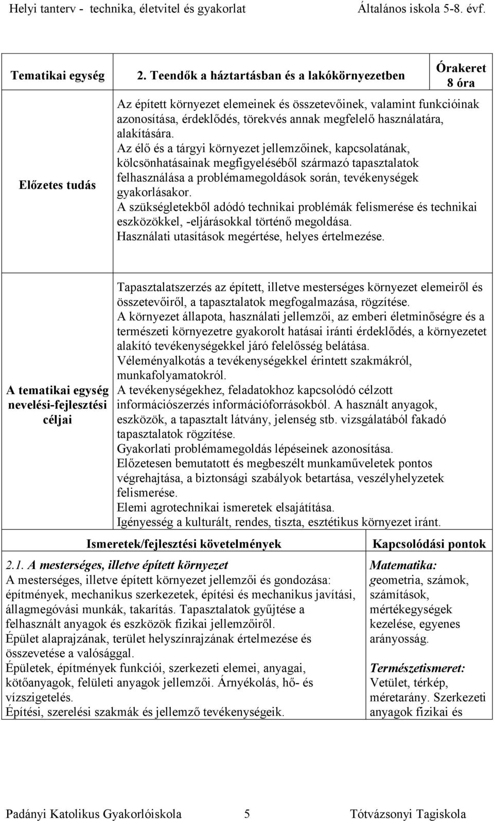 alakítására. Az élő és a tárgyi környezet jellemzőinek, kapcsolatának, kölcsönhatásainak megfigyeléséből származó tapasztalatok felhasználása a problémamegoldások során, tevékenységek gyakorlásakor.