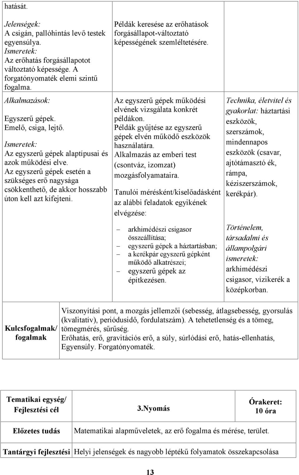 Példák keresése az erőhatások forgásállapot-változtató képességének szemléltetésére. Az egyszerű gépek működési elvének vizsgálata konkrét példákon.