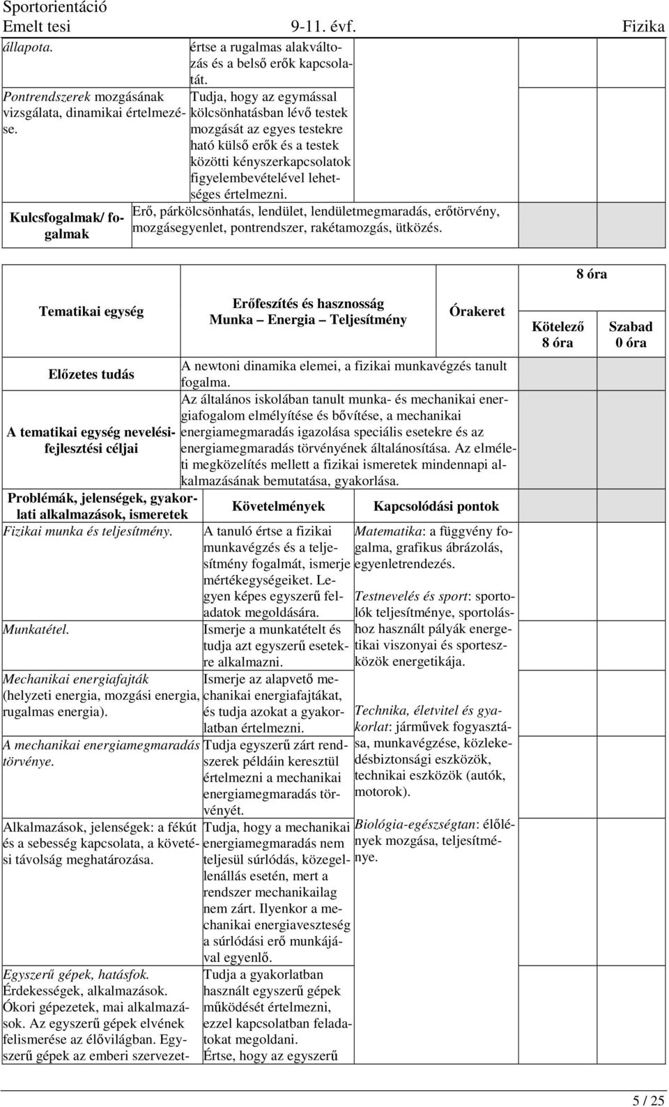 Erő, párkölcsönhatás, lendület, lendületmegmaradás, erőtörvény, mozgásegyenlet, pontrendszer, rakétamozgás, ütközés. 8 óra Tematikai egység nevelésifejlesztési céljai Fizikai munka és teljesítmény.