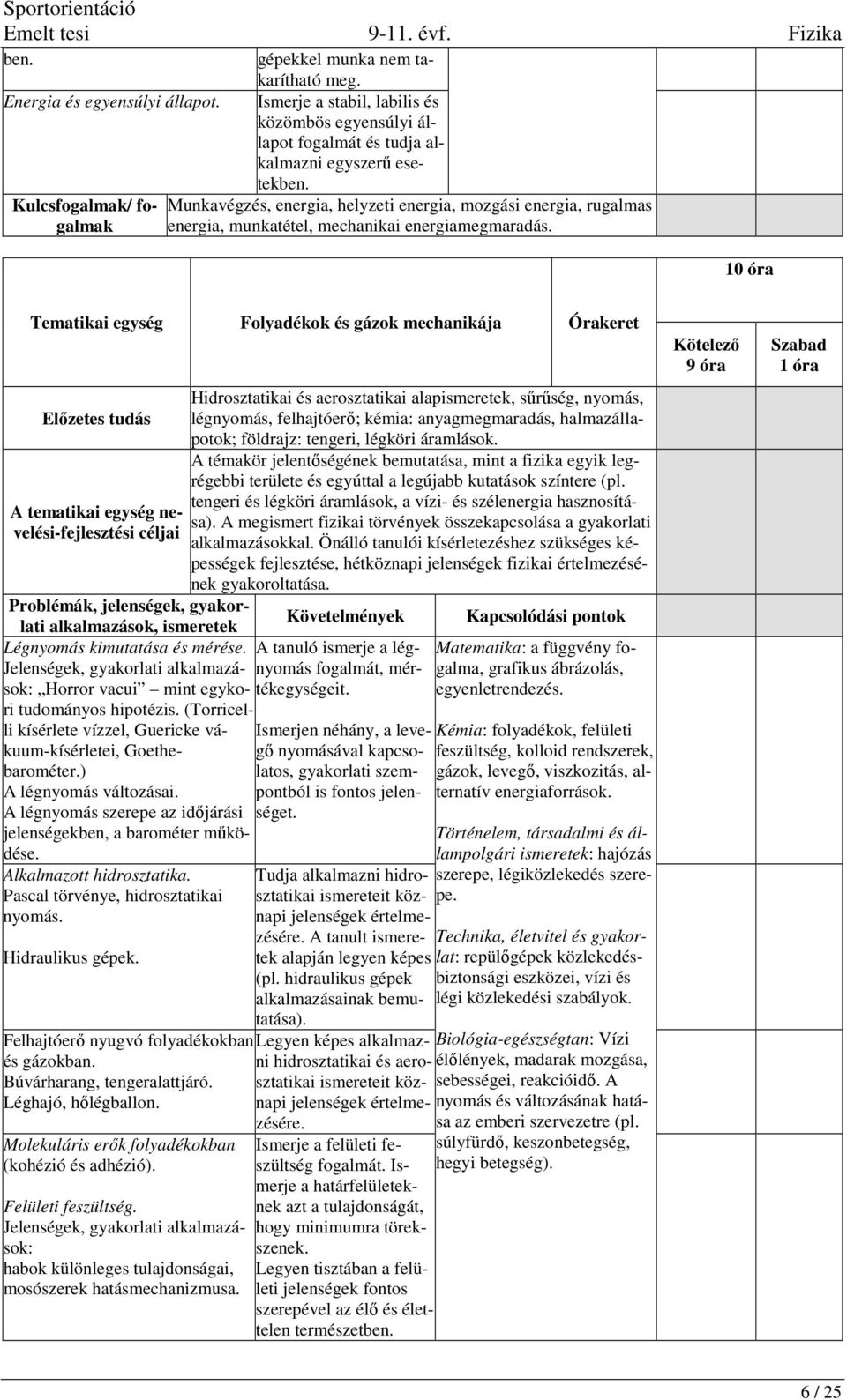 10 óra Tematikai egység Folyadékok és gázok mechanikája Órakeret nevelési-fejlesztési céljai Légnyomás kimutatása és mérése.