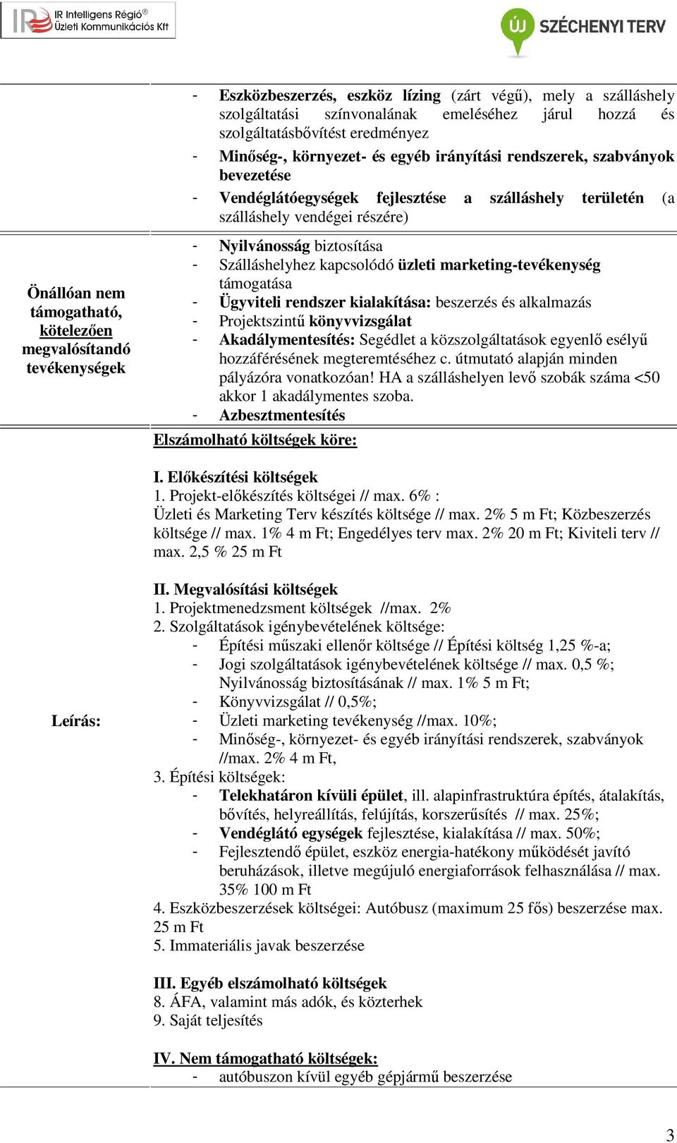 biztosítása - Szálláshelyhez kapcsolódó üzleti marketing-tevékenység támogatása - Ügyviteli rendszer kialakítása: beszerzés és alkalmazás - Projektszintű könyvvizsgálat - Akadálymentesítés: Segédlet