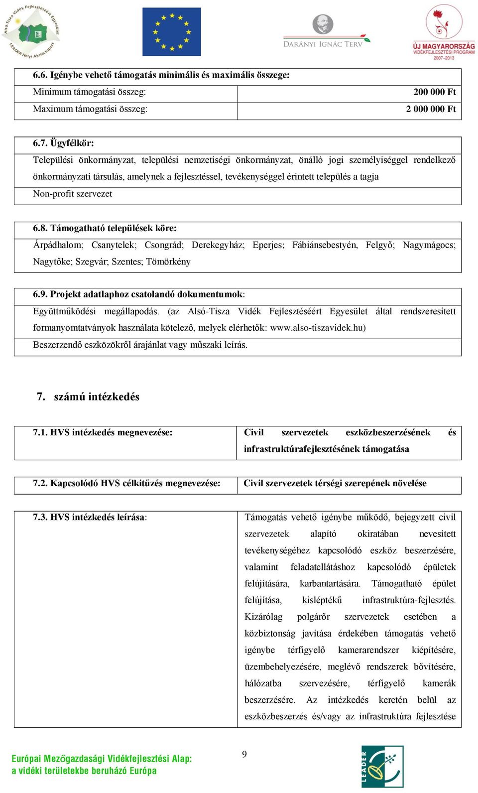 tagja Non-profit szervezet 6.8. Támogatható települések köre: Árpádhalom; Csanytelek; Csongrád; Derekegyház; Eperjes; Fábiánsebestyén, Felgyő; Nagymágocs; Nagytőke; Szegvár; Szentes; Tömörkény 6.9.