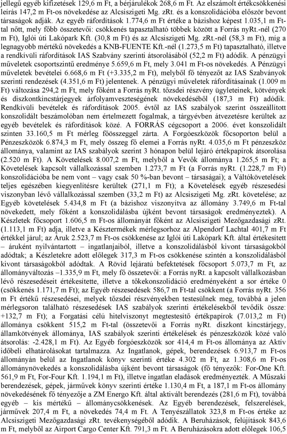 035,1 m Fttal nőtt, mely főbb összetevői: csökkenés tapasztalható többek között a Forrás nyrt.-nél (270 m Ft), Iglói úti Lakópark Kft. (30,8 m Ft) és az Alcsiszigeti Mg. zrt.