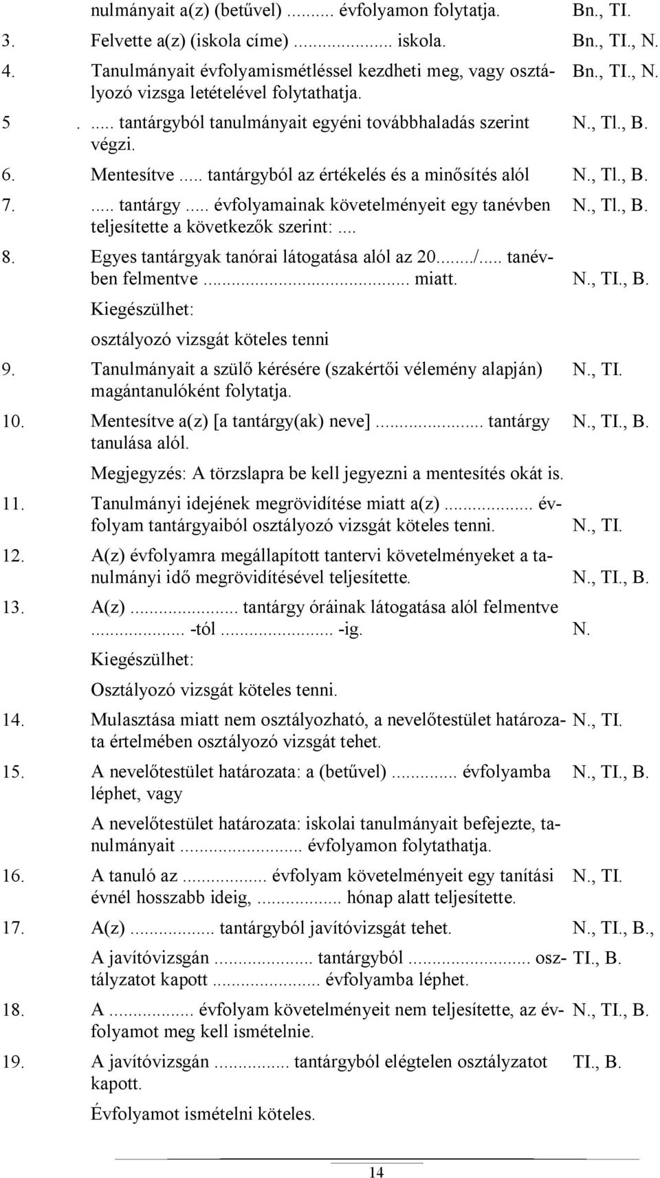 Mentesítve... tantárgyból az értékelés és a min sítés alól N., Tl., B. 7.... tantárgy... évfolyamainak követelményeit egy tanévben teljesítette a következ k szerint:... N., Tl., B. 8.